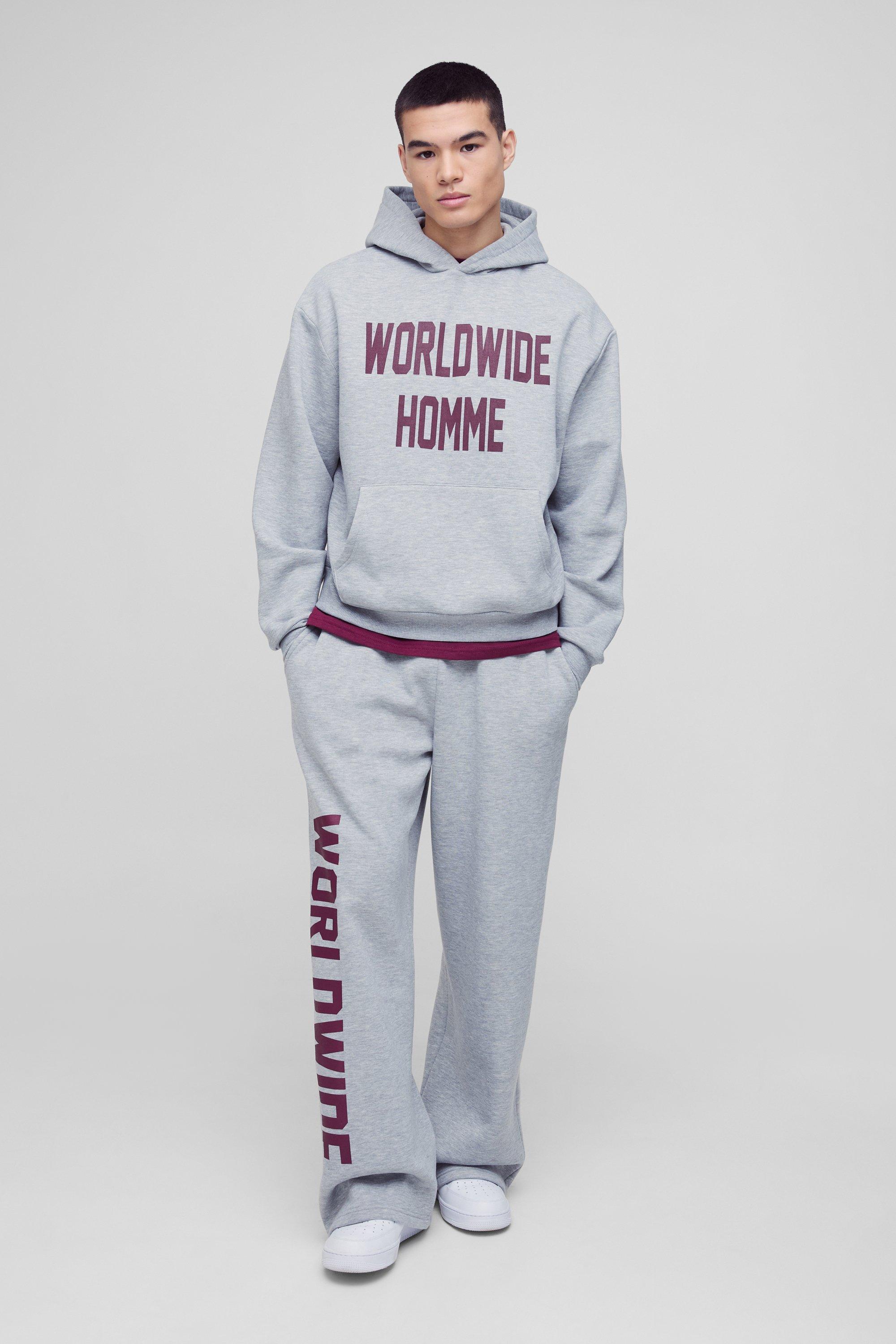 Mens Grey Oversized Boxy Worldwide Print Hooded Tracksuit, Grey